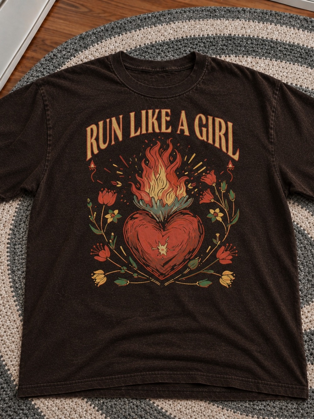 Run Like A Girl Heart Flame Shirt, Empowering Graphic Tee — Dark Chocolate